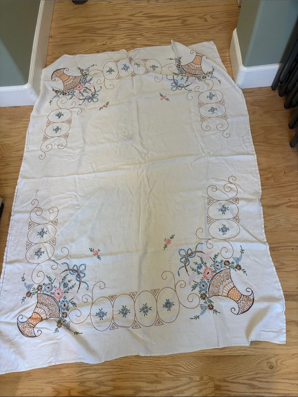 Vintage Floral embroidered linen tablecloth